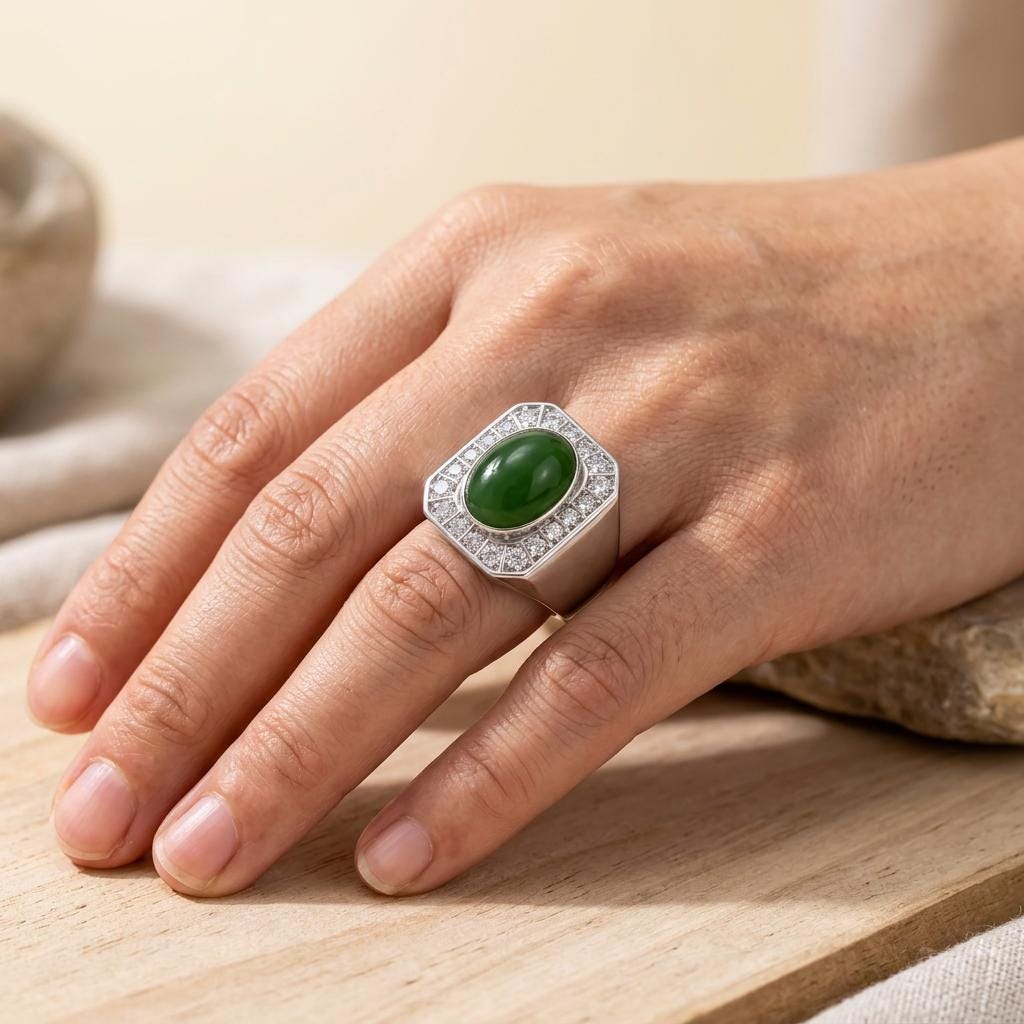 Green Gemstone Halo Ring – Diamond Accents