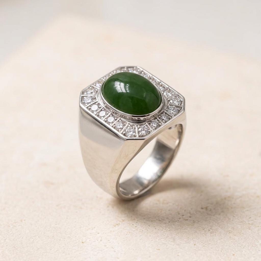 Green Gemstone Halo Ring – Diamond Accents