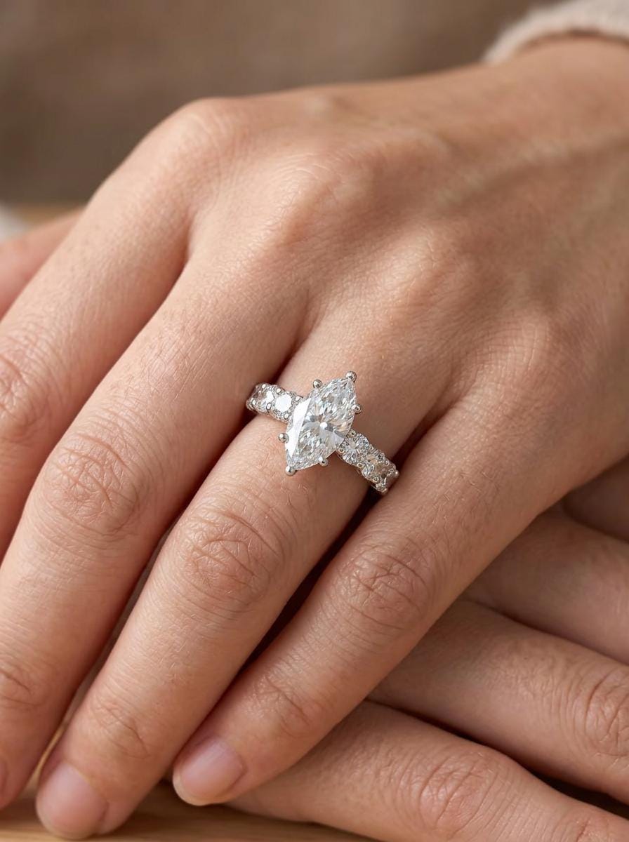 Marquise Lab-Grown Diamond Engagement Ring – Pavé Band