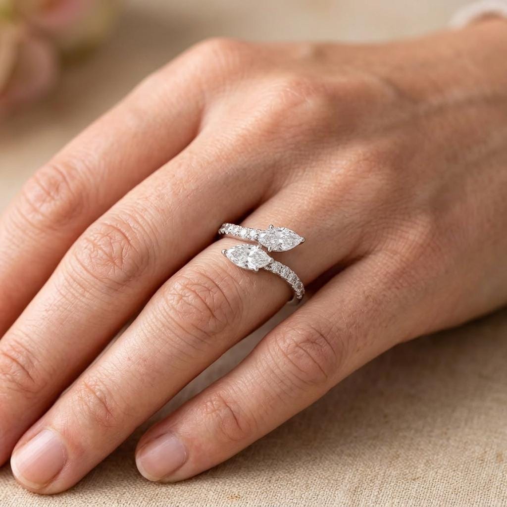 Two Marquise Diamond Toi et Moi Ring – Pavé Band, 14K/18K Gold (Custom Made)