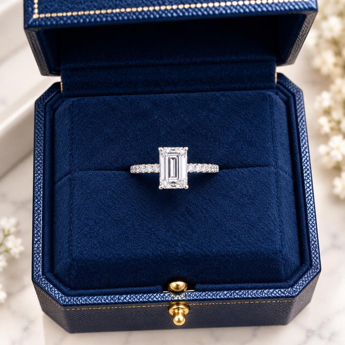 Emerald Cut Diamond Engagement Ring – Pavé Solitaire
