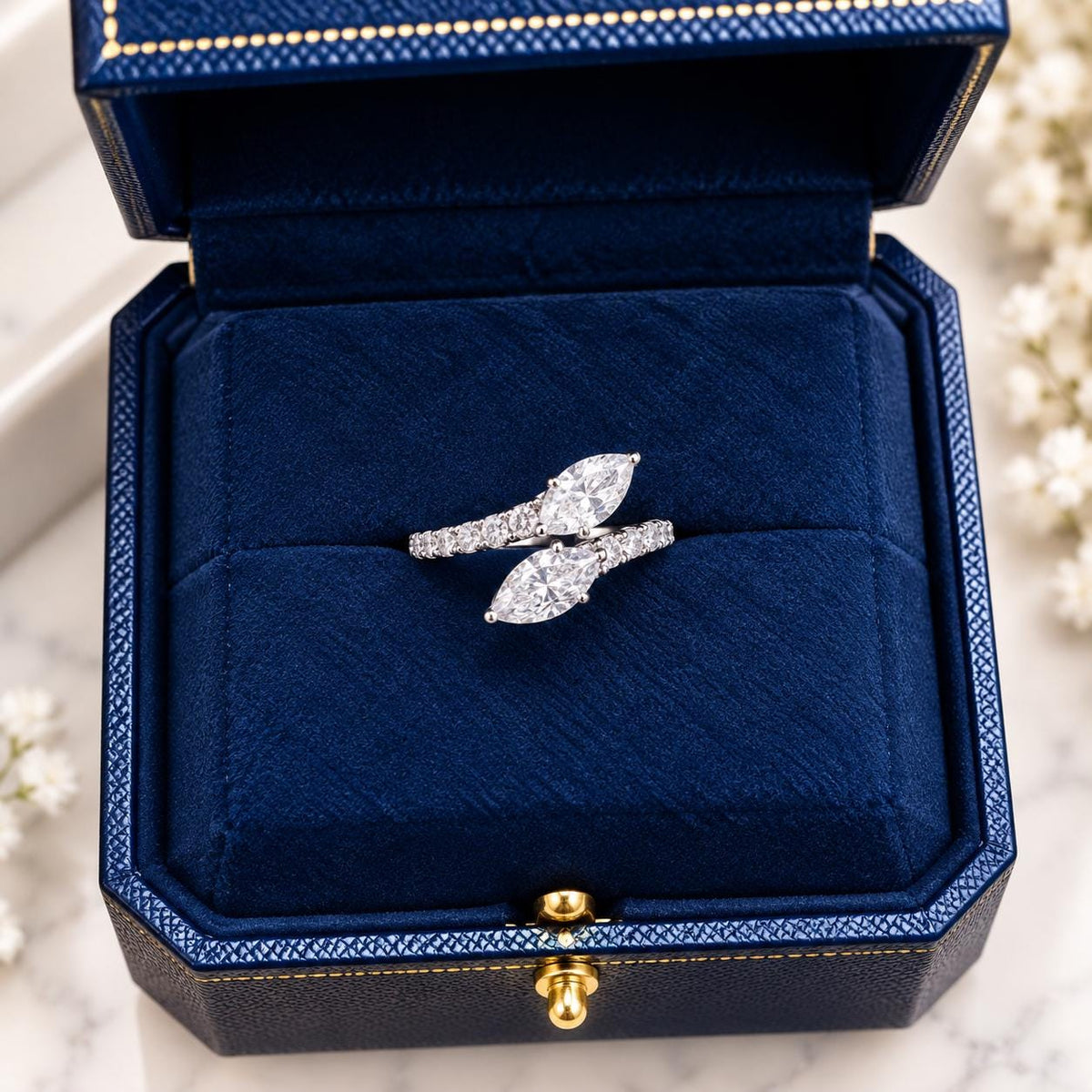 Two Marquise Diamond Toi et Moi Ring – Pavé Band, 14K/18K Gold (Custom Made)