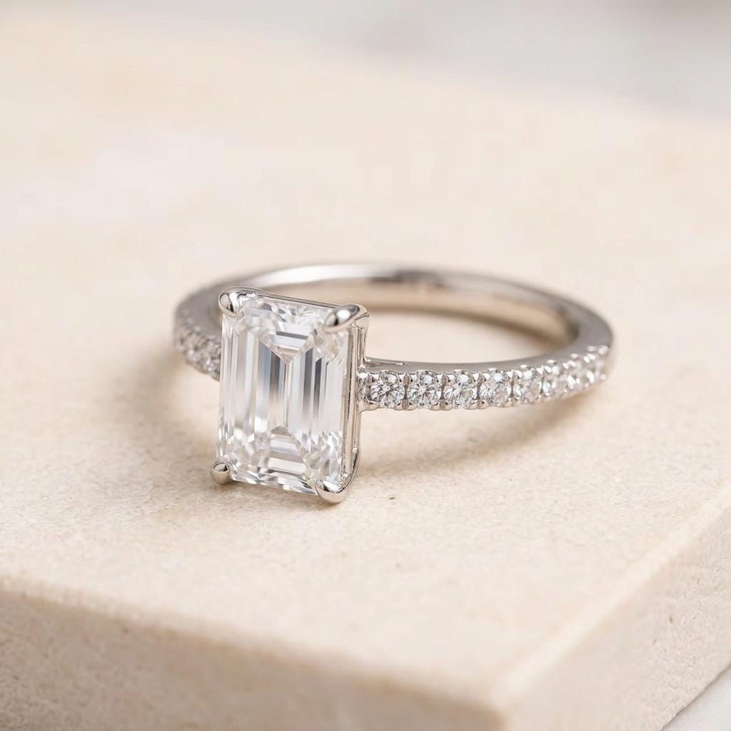 Emerald Cut Diamond Engagement Ring – Pavé Solitaire