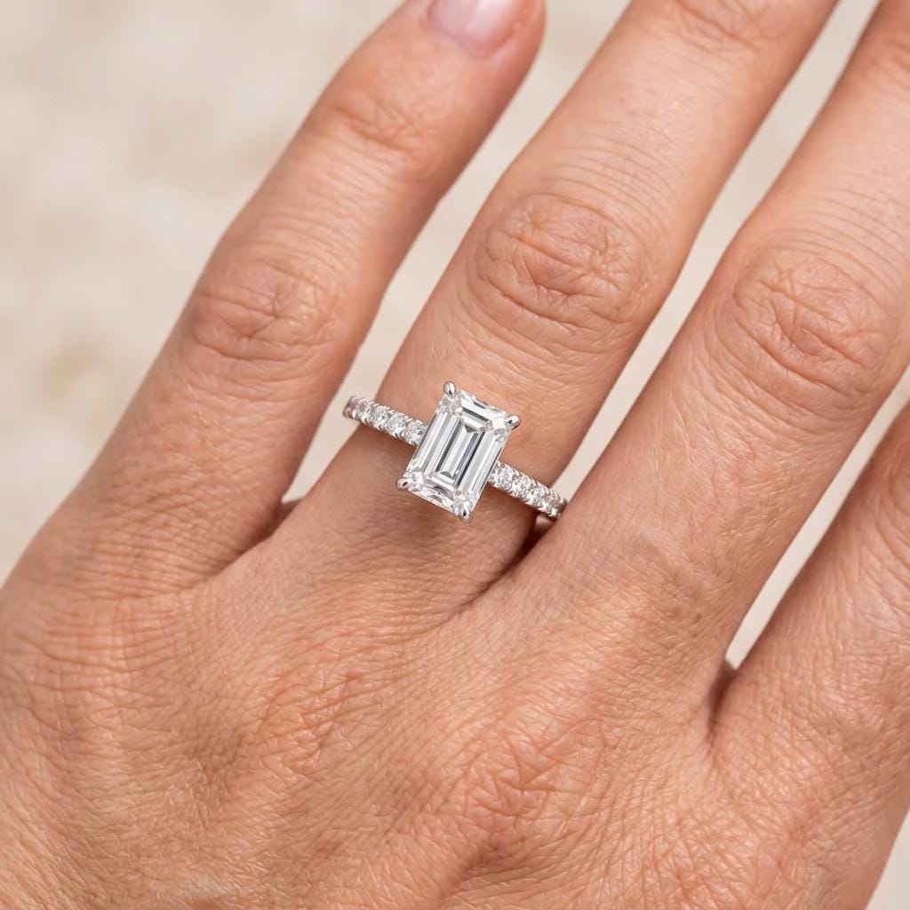 Emerald Cut Diamond Engagement Ring – Pavé Solitaire
