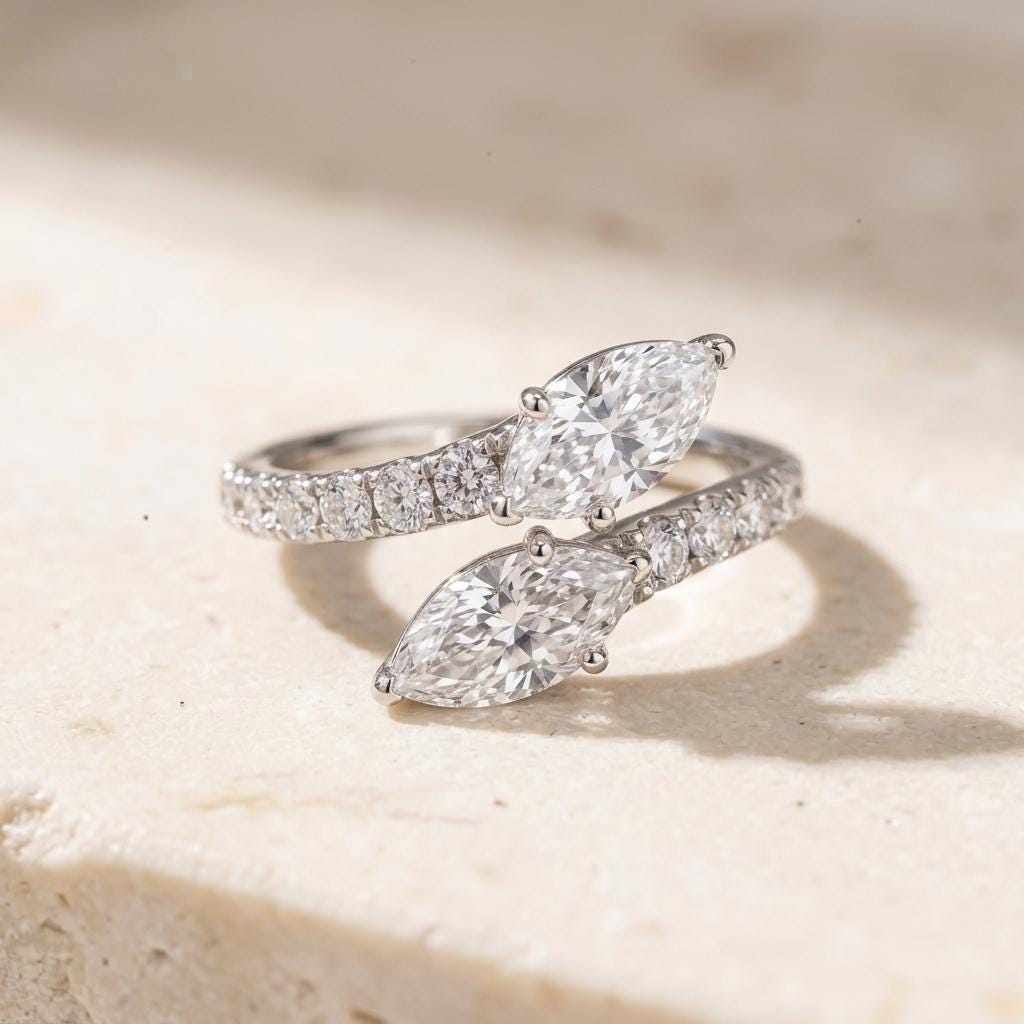 Two Marquise Diamond Toi et Moi Ring – Pavé Band, 14K/18K Gold (Custom Made)