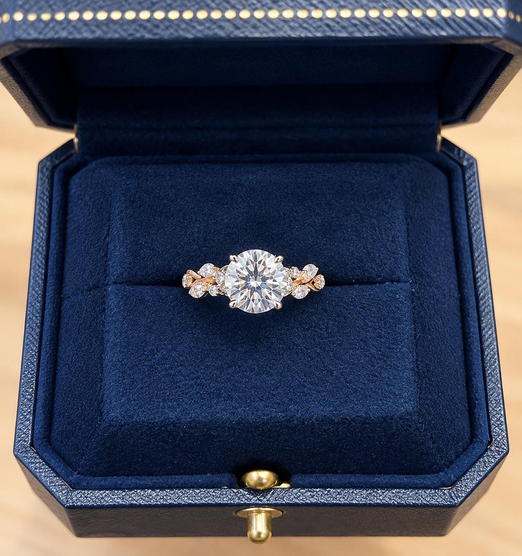 Custom Round Cut Lab-Grown Diamond Engagement Ring | Floral Leaf Band (14K/18K Gold)