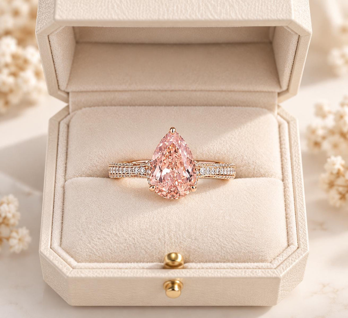 Pear cut pink diamond engagement ring in a cream presentation box