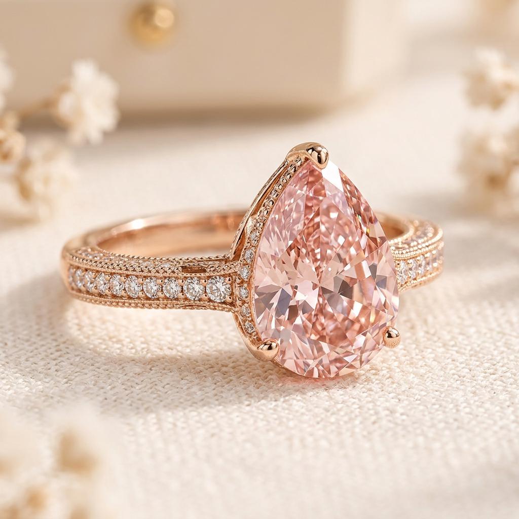 Side view of a pear cut pink diamond engagement ring with a pavé band