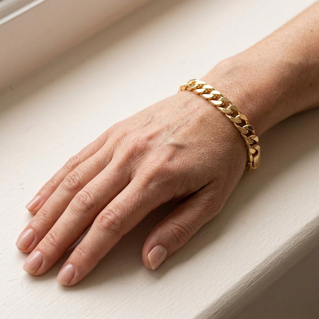 Gold plated Cuban link bracelet worn on the wrist