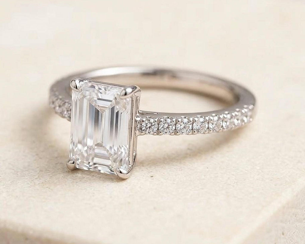 Emerald Cut Diamond Engagement Ring – Pavé Solitaire