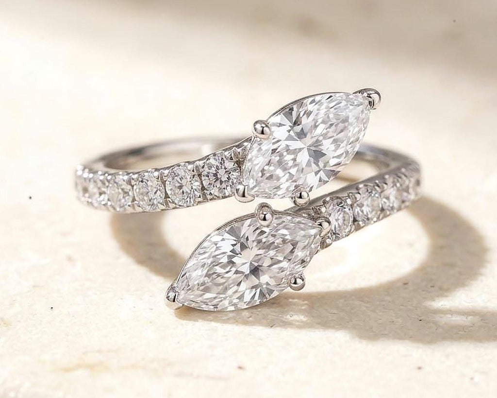 Two Marquise Diamond Toi et Moi Ring – Pavé Band, 14K/18K Gold (Custom Made)